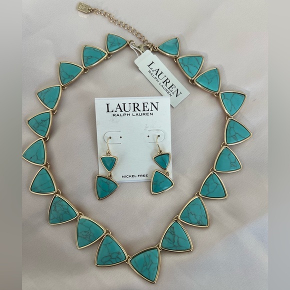 Ralph Lauren Turquoise & Gold Triangle Necklace & Earrings Set - Picture 2 of 6